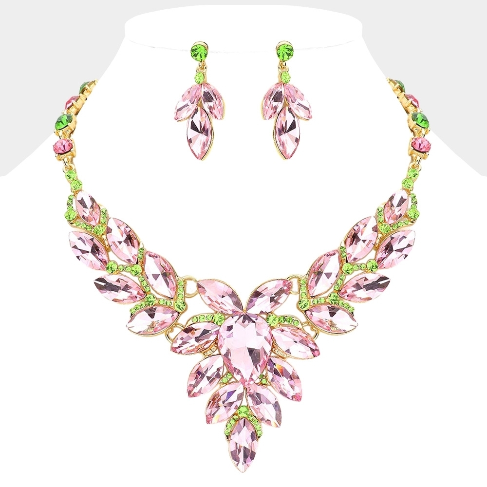 Pink Green Crystal Teardrop Cluster Marquise Evening Statement Necklace Set